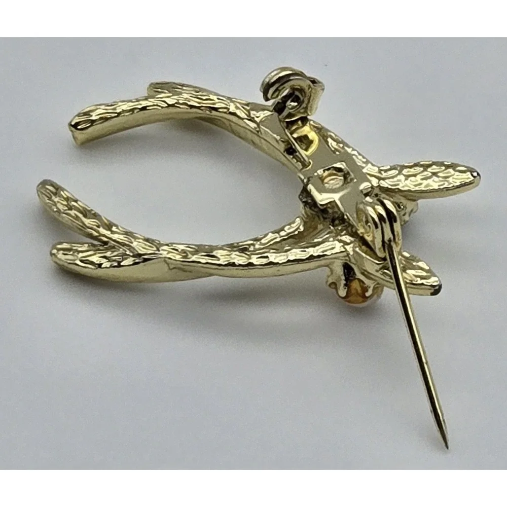 Vintage Gold Tone Wishbone Brooch Lucky‎ Charm Faux Pearl Green Rhinestone Pin